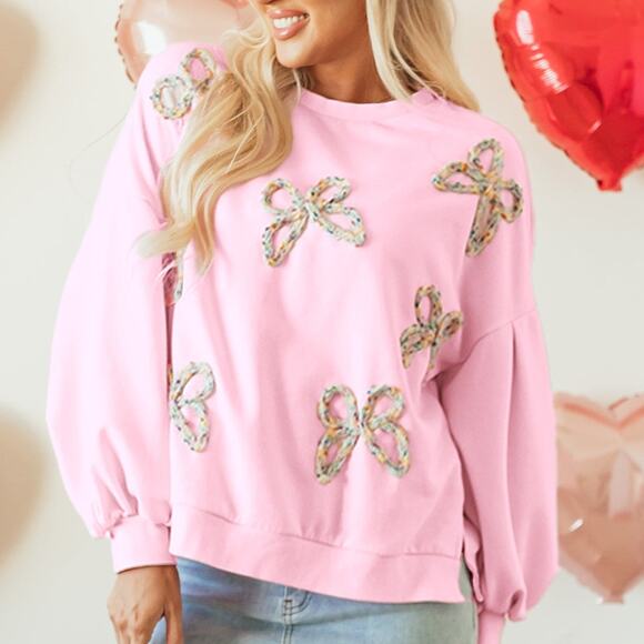 Embroidered Bow Lantern Sleeve Oversized Pullover Sweatshirt Kawaii - Picture 8 of 8